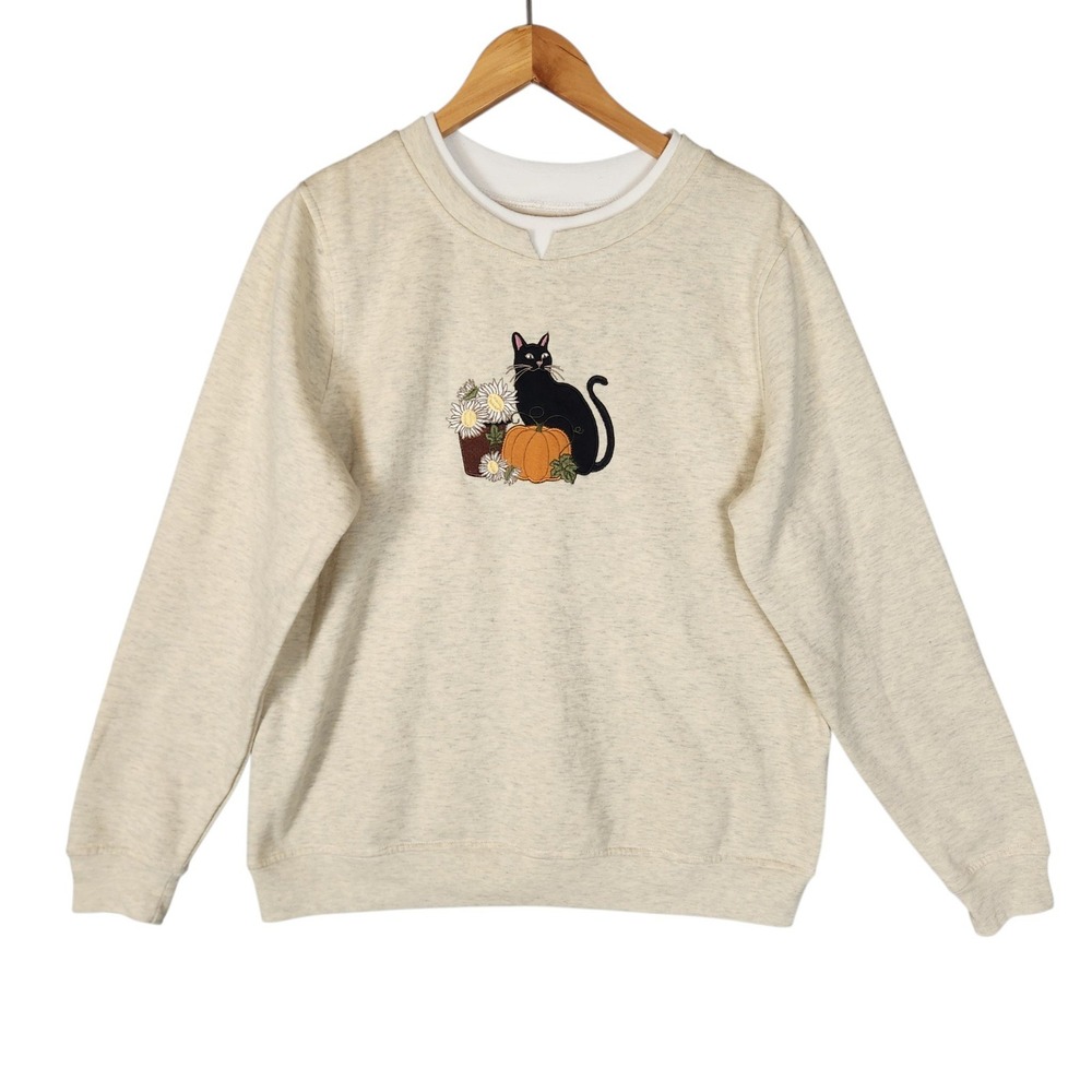 Vintage 90s Inspired Halloween Sweatshirt XL Oatmeal Black Cat Pumpkin Autumn